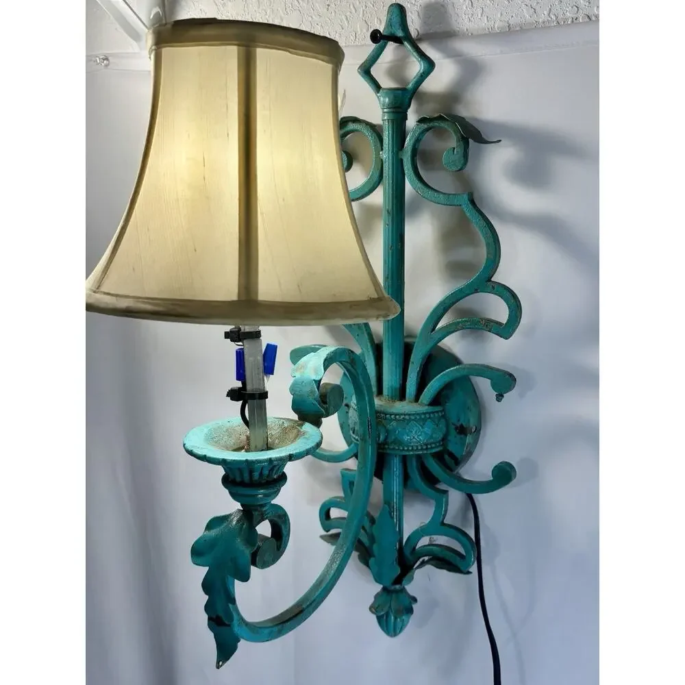 Antique Wall Sconce Custom Painted Turquoise Rewired 19 Tall Teal Blue